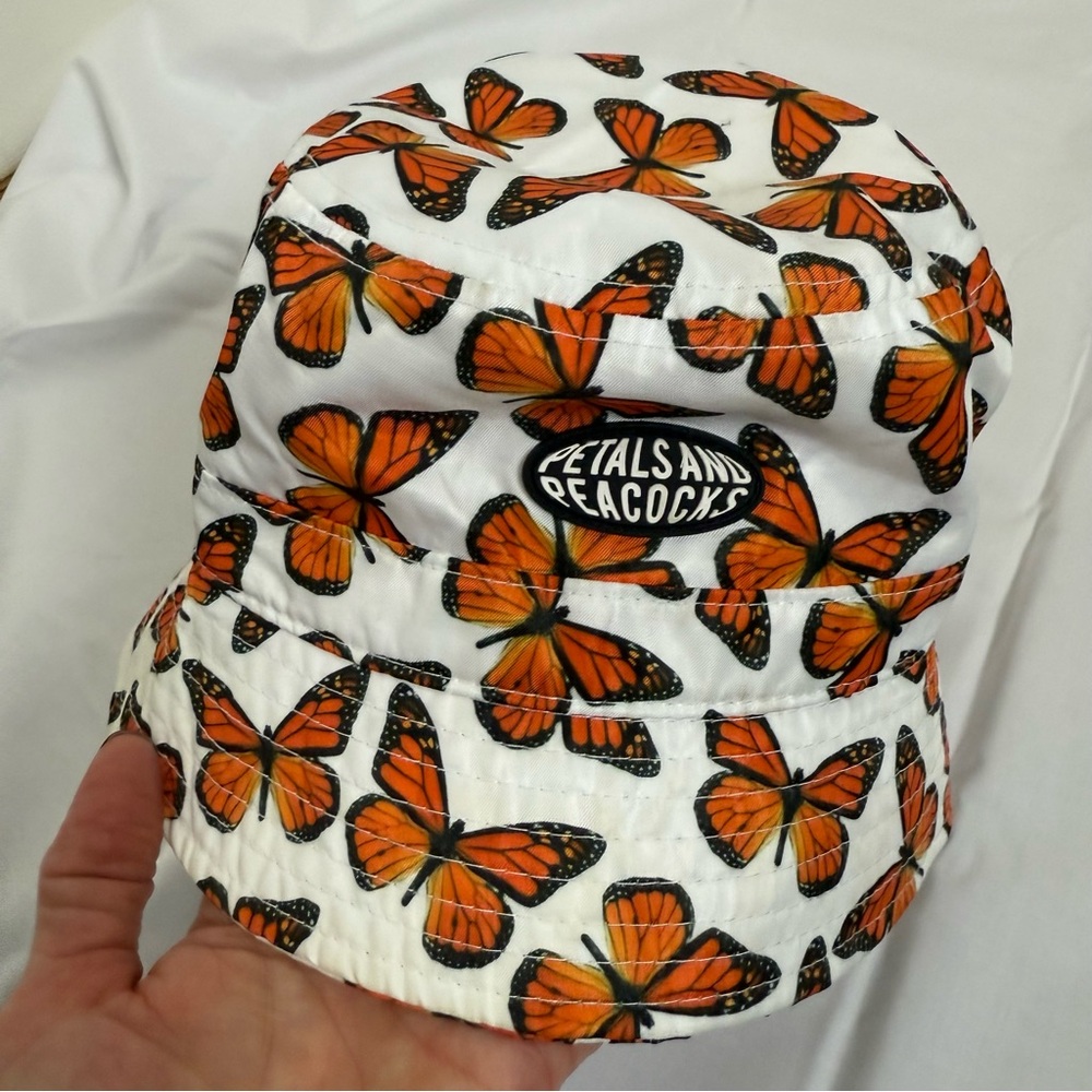 Petals and Peacocks Butterfly Bucket Hat - Orange and White